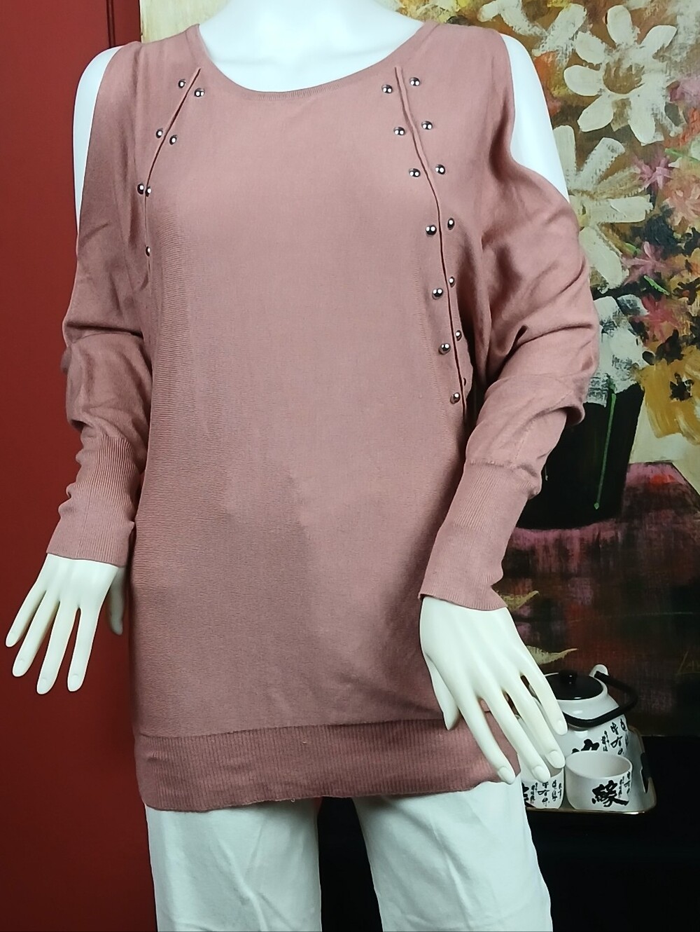 Cold-Shoulder Stud-Accent Sweater in Dusty Rose. BY Jinnifer Lopez